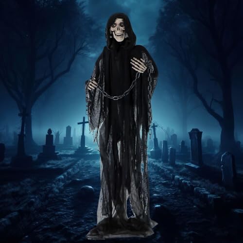Haunted Hill Farm Life-Size Scary Grim Reaper with Chain, Halloween Animatronic with Touch Activated Lights and Sounds, Battery Operated Indoor or Covered Outdoor Halloween Decorations, Halloween Prop