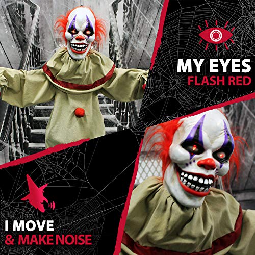 Haunted Hill Farm Life-Size Scary Talking Clown, Halloween Animatronic with Motion and Touch Activated Lights and Sounds, Battery Operated Indoor or Covered Outdoor Halloween Decorations