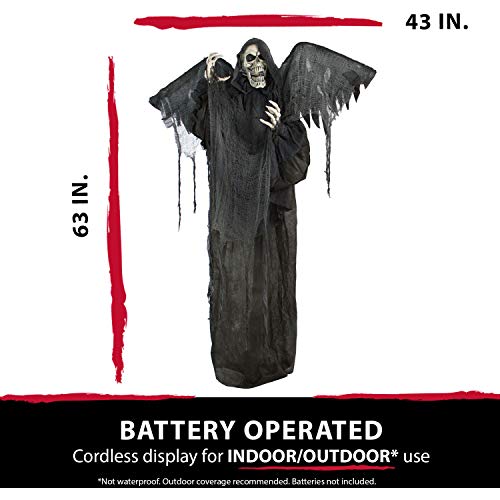 Haunted Hill Farm Life-Size Skeleton Reaper with Wings, Poseable Halloween Animatronic with Touch Activated Lights and Sound, Battery Operated Indoor or Covered Outdoor Scary Halloween Decorations