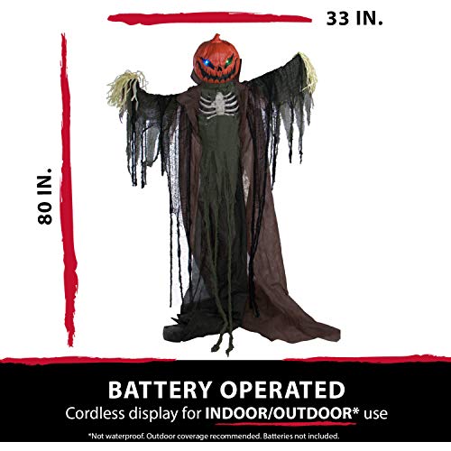 Haunted Hill Farm Life-Size Poseable Pumpkin Scarecrow, Halloween Animatronic with Touch Activated Lights and Sound, Scary Fright Props, Battery Operated Indoor or Covered Outdoor Halloween Decoration