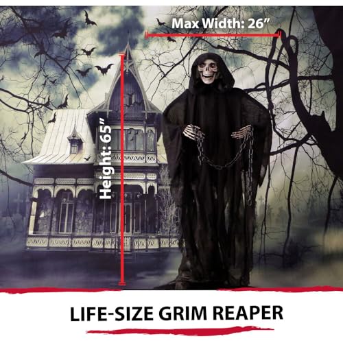 Haunted Hill Farm Life-Size Scary Grim Reaper with Chain, Halloween Animatronic with Touch Activated Lights and Sounds, Battery Operated Indoor or Covered Outdoor Halloween Decorations, Halloween Prop
