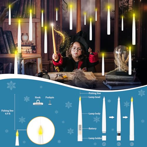 Halloween Decorations, Floating Candles with Wand, Magic Hanging Candles Flickering Warm Light Flameless LED Taper Candle, Battery Operated Window Candles for Christmas Halloween Decor (12 Pack)