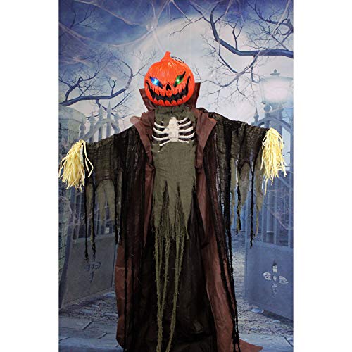 Haunted Hill Farm Life-Size Poseable Pumpkin Scarecrow, Halloween Animatronic with Touch Activated Lights and Sound, Scary Fright Props, Battery Operated Indoor or Covered Outdoor Halloween Decoration