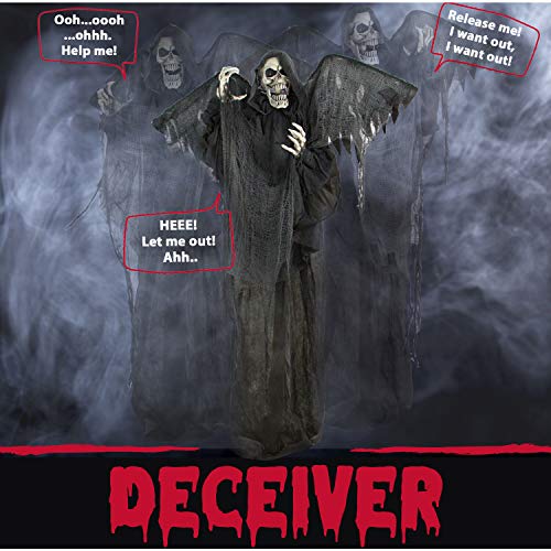 Haunted Hill Farm Life-Size Skeleton Reaper with Wings, Poseable Halloween Animatronic with Touch Activated Lights and Sound, Battery Operated Indoor or Covered Outdoor Scary Halloween Decorations