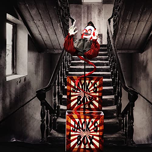 Haunted Hill Farm Life-Size Talking Clown Jack in The Box, Halloween Animatronic with Motion and Touch Activated Lights and Sounds, Battery Operated Indoor or Covered Outdoor Halloween Decorations