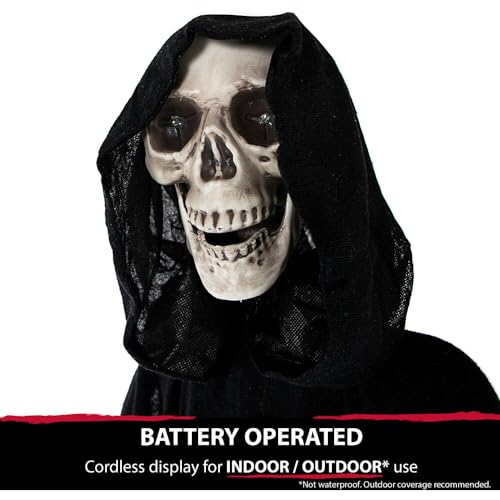 Haunted Hill Farm Life-Size Scary Grim Reaper with Chain, Halloween Animatronic with Touch Activated Lights and Sounds, Battery Operated Indoor or Covered Outdoor Halloween Decorations, Halloween Prop