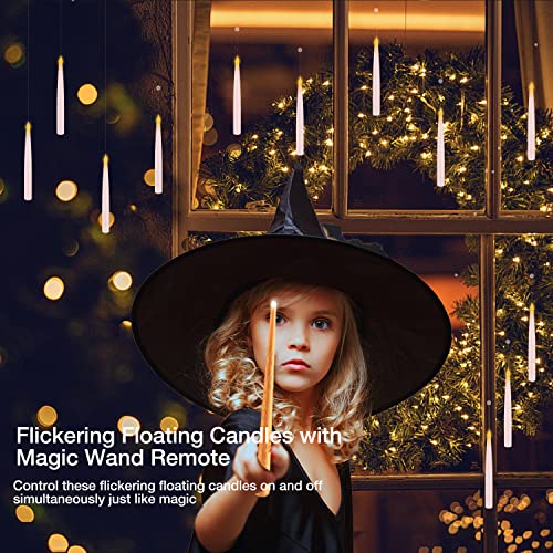 Halloween Decorations, Floating Candles with Wand, Magic Hanging Candles Flickering Warm Light Flameless LED Taper Candle, Battery Operated Window Candles for Christmas Halloween Decor (12 Pack)
