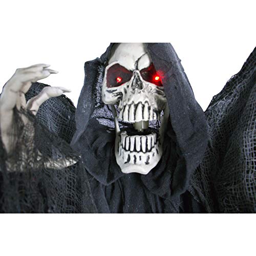 Haunted Hill Farm Life-Size Skeleton Reaper with Wings, Poseable Halloween Animatronic with Touch Activated Lights and Sound, Battery Operated Indoor or Covered Outdoor Scary Halloween Decorations