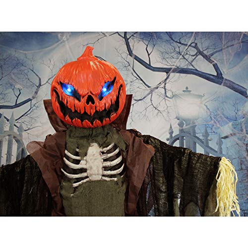 Haunted Hill Farm Life-Size Poseable Pumpkin Scarecrow, Halloween Animatronic with Touch Activated Lights and Sound, Scary Fright Props, Battery Operated Indoor or Covered Outdoor Halloween Decoration
