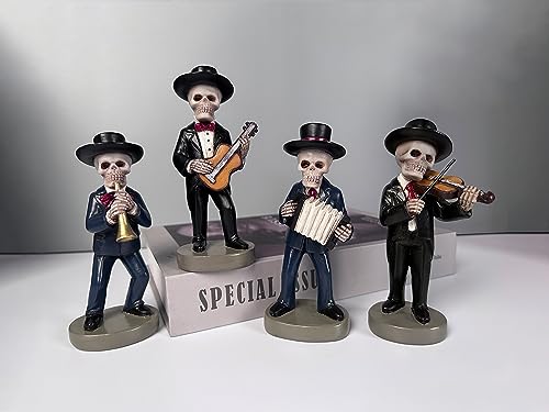 JORAE Skeletons Statue Mariachi Band Skull Halloween Figurines Home Decorative Set of 4 Day of The Dead Collectible Folk Musician Players, 5.5In