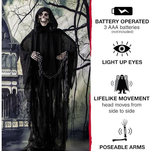 Haunted Hill Farm Life-Size Scary Grim Reaper with Chain, Halloween Animatronic with Touch Activated Lights and Sounds, Battery Operated Indoor or Covered Outdoor Halloween Decorations, Halloween Prop