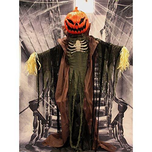 Haunted Hill Farm Life-Size Poseable Pumpkin Scarecrow, Halloween Animatronic with Touch Activated Lights and Sound, Scary Fright Props, Battery Operated Indoor or Covered Outdoor Halloween Decoration