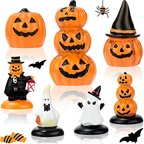 7 Pieces Halloween Miniature Pumpkin Figurines Mini Resin Pumpkin Ghost Ornaments Fairy Halloween Garden Adornments Pumpkin Doll Miniature Landscape for Home Outdoor Garden Decoration (Vivid Style)
