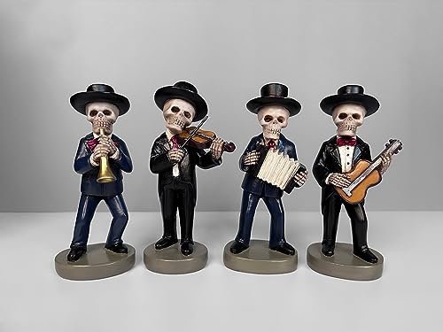 JORAE Skeletons Statue Mariachi Band Skull Halloween Figurines Home Decorative Set of 4 Day of The Dead Collectible Folk Musician Players, 5.5In