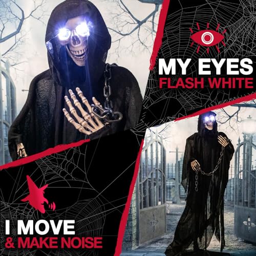 Haunted Hill Farm Life-Size Scary Grim Reaper with Chain, Halloween Animatronic with Touch Activated Lights and Sounds, Battery Operated Indoor or Covered Outdoor Halloween Decorations, Halloween Prop
