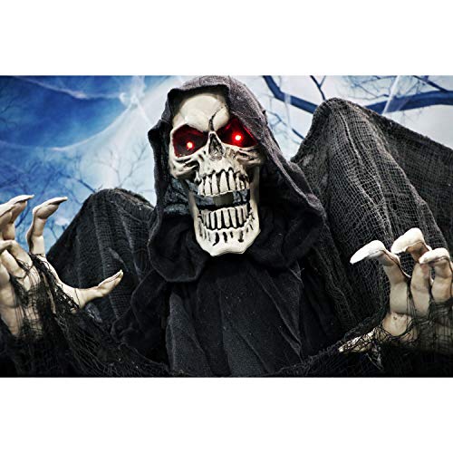 Haunted Hill Farm Life-Size Skeleton Reaper with Wings, Poseable Halloween Animatronic with Touch Activated Lights and Sound, Battery Operated Indoor or Covered Outdoor Scary Halloween Decorations