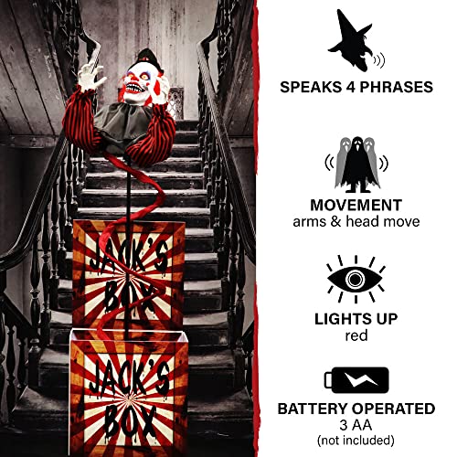 Haunted Hill Farm Life-Size Talking Clown Jack in The Box, Halloween Animatronic with Motion and Touch Activated Lights and Sounds, Battery Operated Indoor or Covered Outdoor Halloween Decorations
