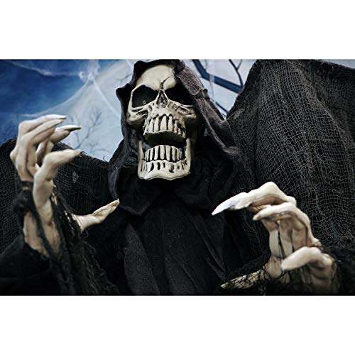 Haunted Hill Farm Life-Size Skeleton Reaper with Wings, Poseable Halloween Animatronic with Touch Activated Lights and Sound, Battery Operated Indoor or Covered Outdoor Scary Halloween Decorations