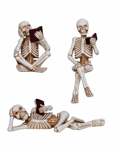 Dlfghos 3 Pieces Halloween Skull Statue Decor Reading Women Figurine Skeleton Statue Sculpture Decor Halloween Decor Gift Figurines