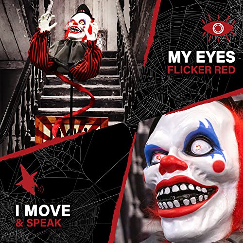 Haunted Hill Farm Life-Size Talking Clown Jack in The Box, Halloween Animatronic with Motion and Touch Activated Lights and Sounds, Battery Operated Indoor or Covered Outdoor Halloween Decorations