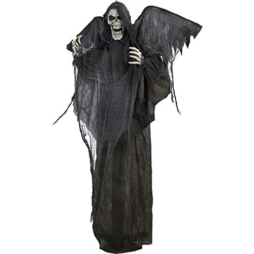 Haunted Hill Farm Life-Size Skeleton Reaper with Wings, Poseable Halloween Animatronic with Touch Activated Lights and Sound, Battery Operated Indoor or Covered Outdoor Scary Halloween Decorations