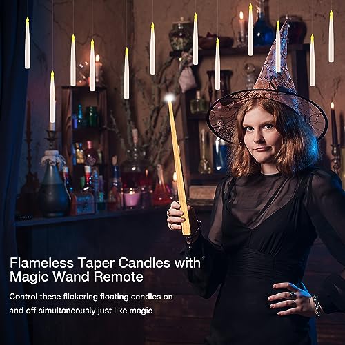 Halloween Decorations, Floating Candles with Wand, Magic Hanging Candles Flickering Warm Light Flameless LED Taper Candle, Battery Operated Window Candles for Christmas Halloween Decor (12 Pack)