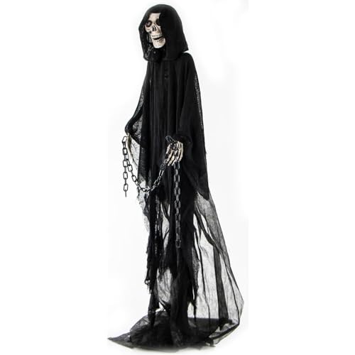Haunted Hill Farm Life-Size Scary Grim Reaper with Chain, Halloween Animatronic with Touch Activated Lights and Sounds, Battery Operated Indoor or Covered Outdoor Halloween Decorations, Halloween Prop