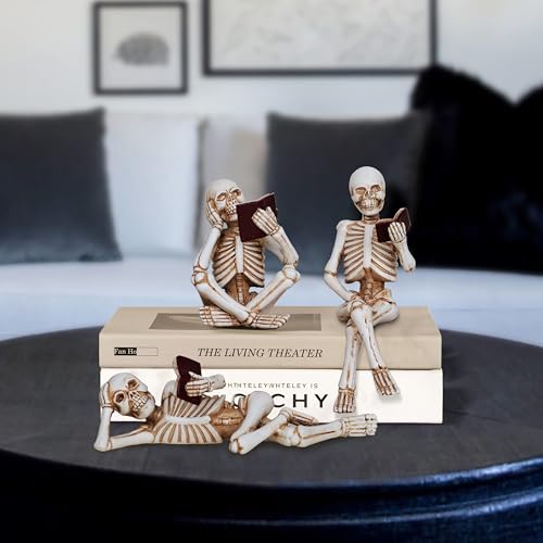 Dlfghos 3 Pieces Halloween Skull Statue Decor Reading Women Figurine Skeleton Statue Sculpture Decor Halloween Decor Gift Figurines