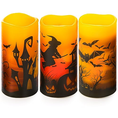 Hbaushun Halloween Flameless Candles 3 Pack with 6 Hour Timer,Battery Operated Real Wax LED Pillar Candles Warm Light with Castle, Witch, Bats Decal Halloween Decor Candles