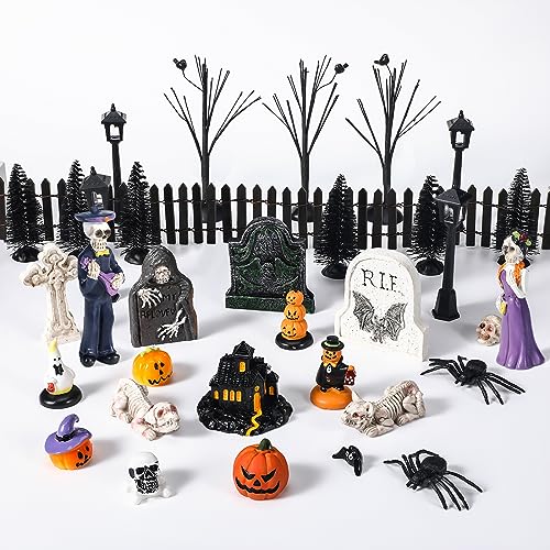 Lenwen 45 Pieces Halloween Miniature Tombstones Spooky Miniature Pumpkin Figurine Halloween Miniatures Skeleton Spiders Halloween Village Accessories Ornaments for Tabletop Decoration