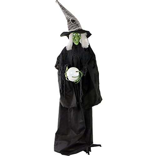 Haunted Hill Farm Life-Size Scary Poseable Witch with Crystal Ball and Touch Activated Lights and Sound, Battery-Operated Indoor/ Covered Outdoor Halloween Decoration