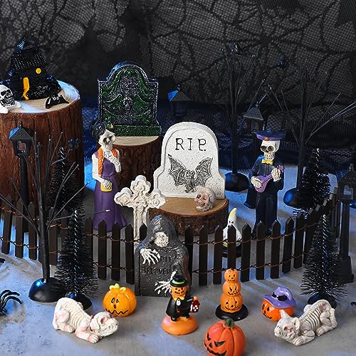 Lenwen 45 Pieces Halloween Miniature Tombstones Spooky Miniature Pumpkin Figurine Halloween Miniatures Skeleton Spiders Halloween Village Accessories Ornaments for Tabletop Decoration