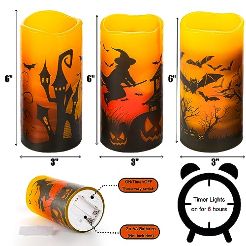 Hbaushun Halloween Flameless Candles 3 Pack with 6 Hour Timer,Battery Operated Real Wax LED Pillar Candles Warm Light with Castle, Witch, Bats Decal Halloween Decor Candles