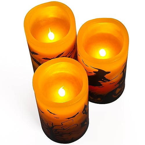 Hbaushun Halloween Flameless Candles 3 Pack with 6 Hour Timer,Battery Operated Real Wax LED Pillar Candles Warm Light with Castle, Witch, Bats Decal Halloween Decor Candles