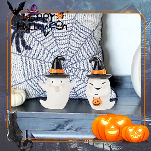 Halloween Decorations Ghost Statues Collectible-Figurines - Halloween Decor Indoor Cute Boo Ghost Sculpture Resin White Ghost With Black Hat Party Supplies Set of 2, 2.5*2*3.5 inch Newman House Studio