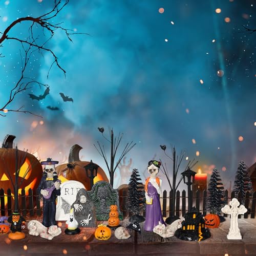 Lenwen 45 Pieces Halloween Miniature Tombstones Spooky Miniature Pumpkin Figurine Halloween Miniatures Skeleton Spiders Halloween Village Accessories Ornaments for Tabletop Decoration