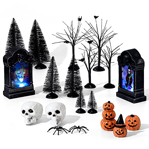 19 Pcs Halloween Village Accessories Set Miniature Halloween Figurines Houses Ornaments Bare Branches LED Tombstones Skeleton Pumpkin Statues Fake Spiders Halloween Party Decor