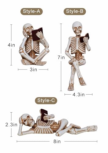 Dlfghos 3 Pieces Halloween Skull Statue Decor Reading Women Figurine Skeleton Statue Sculpture Decor Halloween Decor Gift Figurines