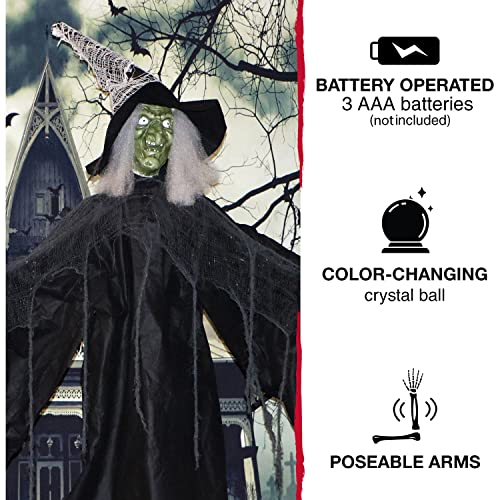 Haunted Hill Farm Life-Size Scary Poseable Witch with Crystal Ball and Touch Activated Lights and Sound, Battery-Operated Indoor/ Covered Outdoor Halloween Decoration