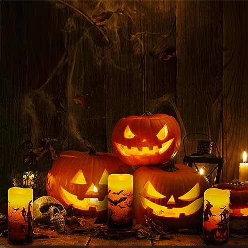 Hbaushun Halloween Flameless Candles 3 Pack with 6 Hour Timer,Battery Operated Real Wax LED Pillar Candles Warm Light with Castle, Witch, Bats Decal Halloween Decor Candles