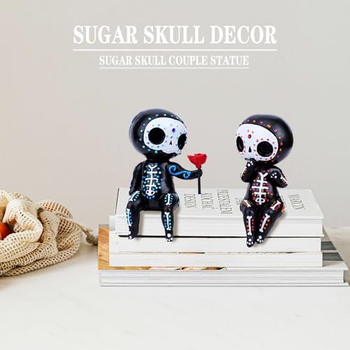 MBVBN Sugar Skull Couple Statue, Sugar Skull Figurine, Resin Crafts Cute Statue Skull - Resin Skull Statue Home Decor, Adorable Skull Sculpture Memorial Statue Halloween Skull Statues Gifts (C)