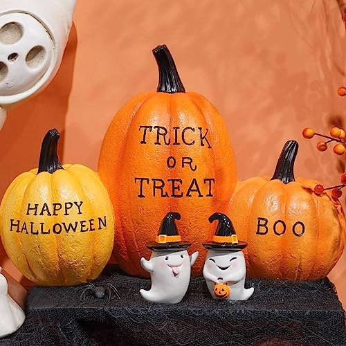 Halloween Decorations Ghost Statues Collectible-Figurines - Halloween Decor Indoor Cute Boo Ghost Sculpture Resin White Ghost With Black Hat Party Supplies Set of 2, 2.5*2*3.5 inch Newman House Studio