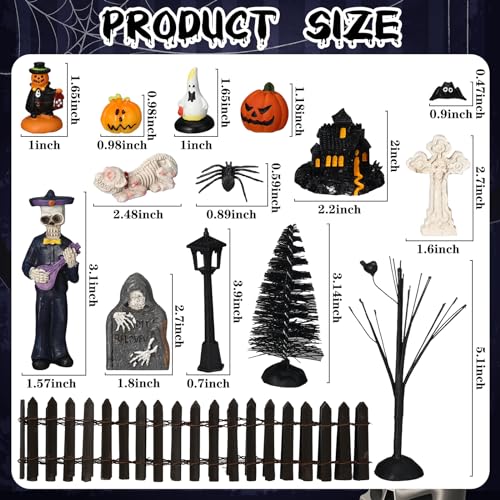 Lenwen 45 Pieces Halloween Miniature Tombstones Spooky Miniature Pumpkin Figurine Halloween Miniatures Skeleton Spiders Halloween Village Accessories Ornaments for Tabletop Decoration