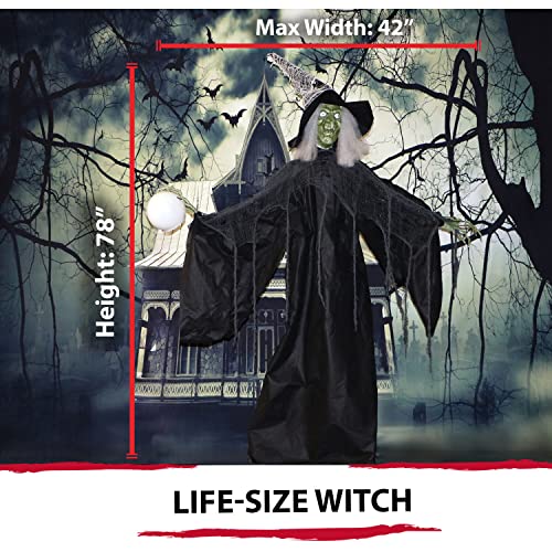 Haunted Hill Farm Life-Size Scary Poseable Witch with Crystal Ball and Touch Activated Lights and Sound, Battery-Operated Indoor/ Covered Outdoor Halloween Decoration