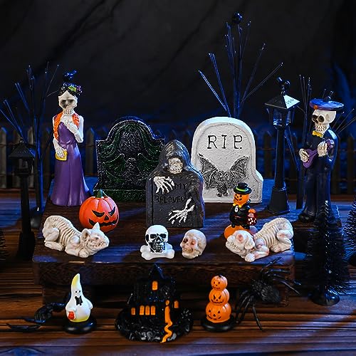 Lenwen 45 Pieces Halloween Miniature Tombstones Spooky Miniature Pumpkin Figurine Halloween Miniatures Skeleton Spiders Halloween Village Accessories Ornaments for Tabletop Decoration