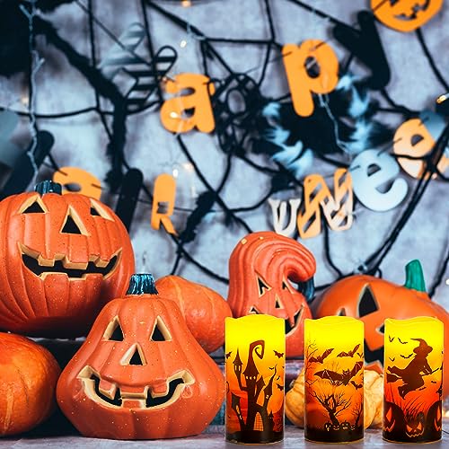 Hbaushun Halloween Flameless Candles 3 Pack with 6 Hour Timer,Battery Operated Real Wax LED Pillar Candles Warm Light with Castle, Witch, Bats Decal Halloween Decor Candles