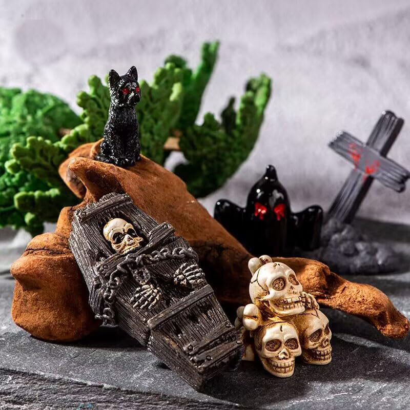 19pcs Halloween Mini Figurines Creative Miniature Skull Heads Crow Tombstone Scene Ornaments Set Halloween Horror Village Collections Resin Crafts for Halloween Party Favors Fillers Tabletop Decor (A)
