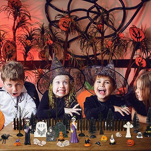 Lenwen 45 Pieces Halloween Miniature Tombstones Spooky Miniature Pumpkin Figurine Halloween Miniatures Skeleton Spiders Halloween Village Accessories Ornaments for Tabletop Decoration