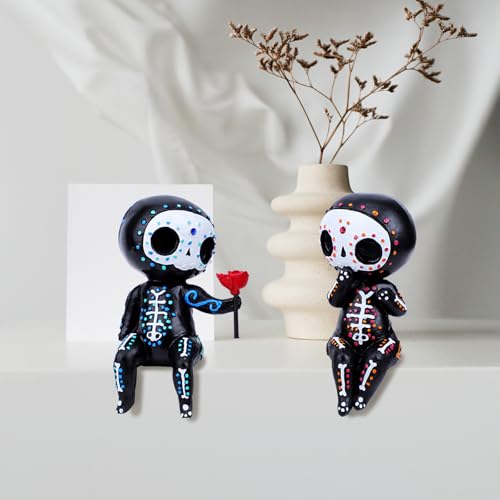 MBVBN Sugar Skull Couple Statue, Sugar Skull Figurine, Resin Crafts Cute Statue Skull - Resin Skull Statue Home Decor, Adorable Skull Sculpture Memorial Statue Halloween Skull Statues Gifts (C)