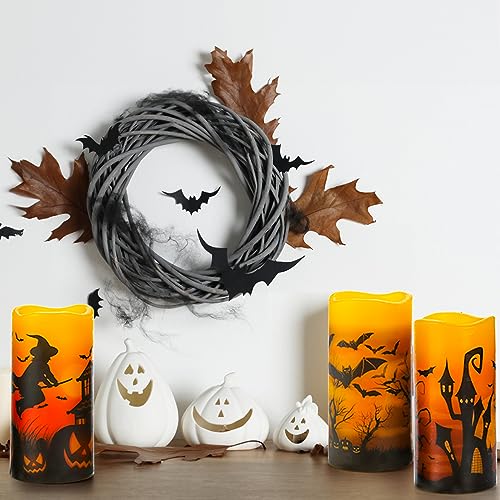 Hbaushun Halloween Flameless Candles 3 Pack with 6 Hour Timer,Battery Operated Real Wax LED Pillar Candles Warm Light with Castle, Witch, Bats Decal Halloween Decor Candles